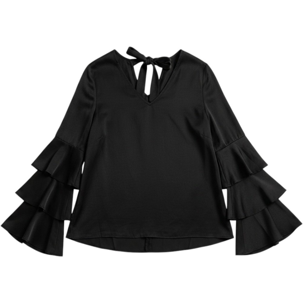 DO+BE Top Womens Small Black Ruffle Sleeve Back Tie V-Neck Coquette Festival Vac